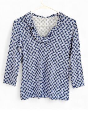 J. McLaughlin Durham Ruffle Top Catalina Cloth 3/4 Sleeve S Geometric Blue White